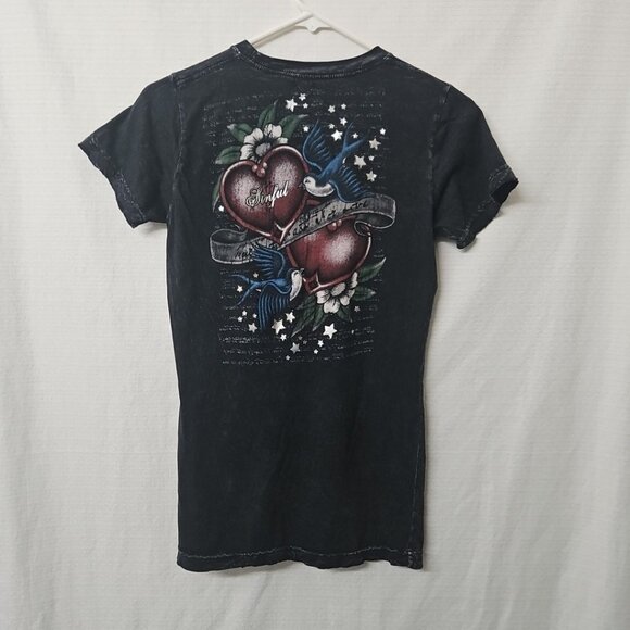 Womens Sz Med Sinful By Affliction Y2K Black Distressed Tshirt Birds celestial - Picture 3 of 5